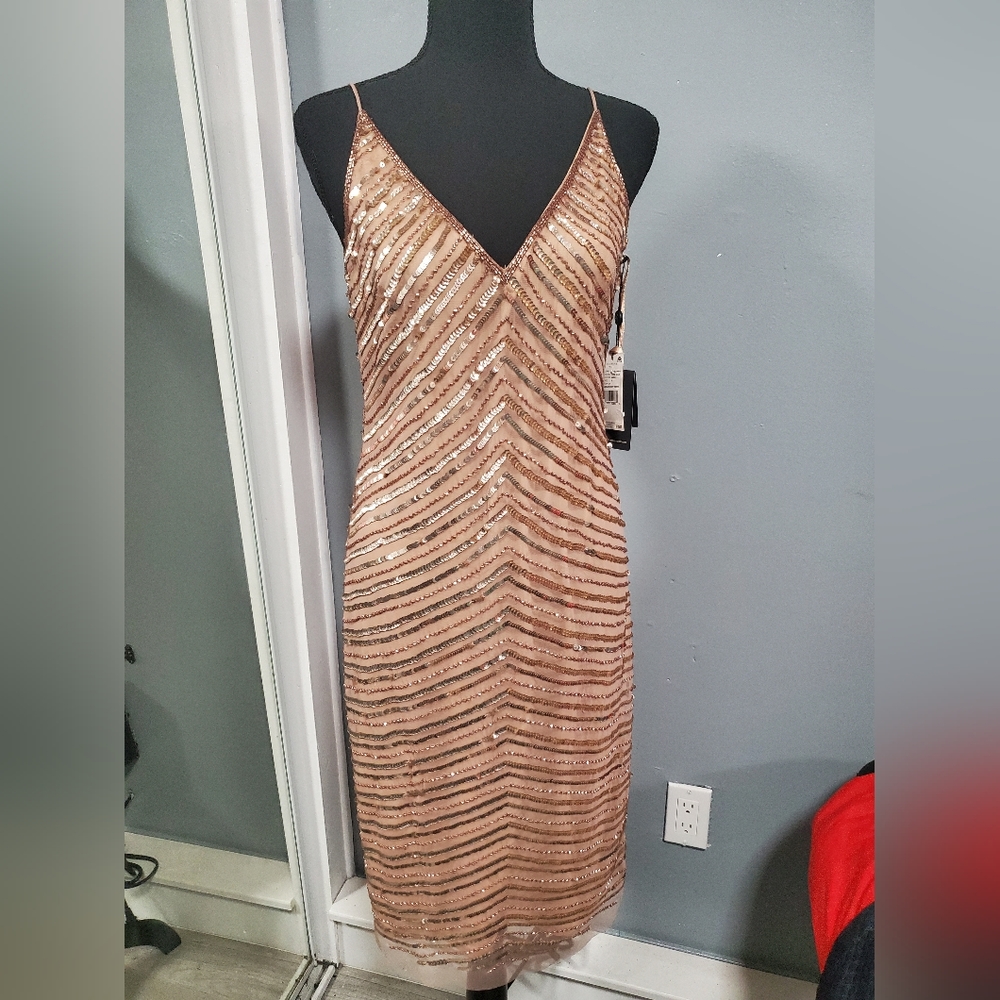 Adrianna Papell Midi Nude Sequin Beaded Evening Cocktail Prom Dress sz 6